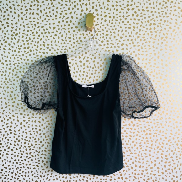 NWT Mango Square Neck Mesh Sheer Puff Sleeve Top - Picture 9 of 9